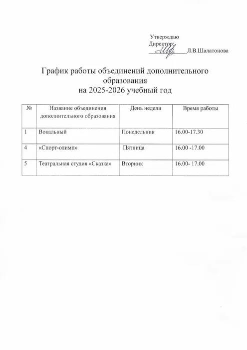 График работы объединений дополнительного образования на 2025-2026 учебный год